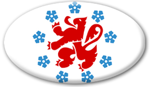 Die Grafik zeigt die Flagge Ostbelgiens, einen schreitenden roten Löwen, um rahmt von neun stilisierten hellblauen Blüten.