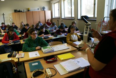 Schüler sitzen in einem Klassenzimmer. Die Lehrerin hält ein Mikroskop in der Hand und erklärt den Schülern dessen acht Bestandteile.