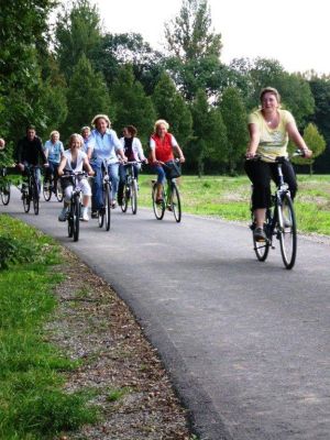 Das Bild zeigt eine Gruppe von Radfahern gemischten Alters auf einem asphaltiertem Radweg. 