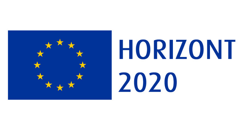 Die Grafik zeigt links die blaue EU-Flagge mit gelben Sternen und rechts den ebenfalls blauen Schriftzug Horizon 2020.