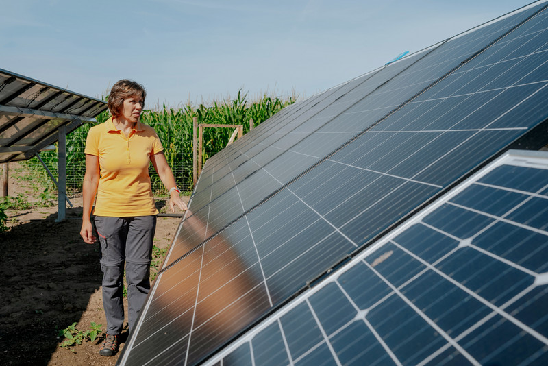 Das Bild zeigt Antje Augstein neben ihren am Feldrand aufgebauten Solarpanelen.