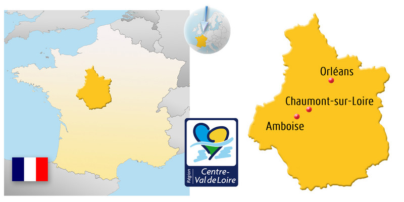 Die Grafik zeigt im linken Bereich die Karte Frankreichs mit der Region Centre-Val de Loire und  im rechten Bereich eine größere Karte der Region Centre-Val de Loire mit der Lage der Städte Orléans, Amboise und Chaumont-sur-Loire.
