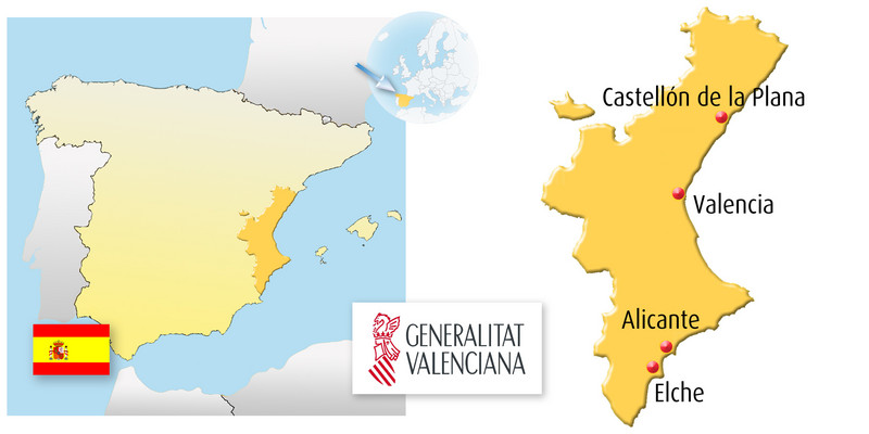 Die Grafik zeigt kombiniert von links die Karte der Region Valencia auf der Karte Spaniens, das Logo der Region und auf einer großen Version der Karte der Region die wichtigsten Städte.