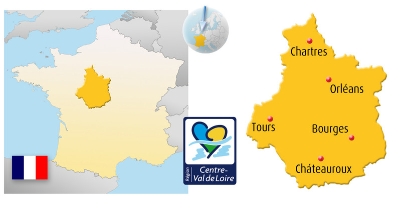 Die Grafik zeigt kombiniert von links die Darstellung der Region Centre-Val de Loire auf der Frankreich-Karte, das Logo der Region und eine Karte der Region mit den wichtigsten Städten.