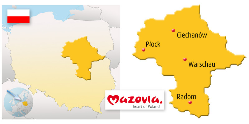 Die Grafik zeigt kombiniert von links die Wojewodschaft Masowien auf der Polen-Karte, das Logo der Wojewodschaft und eine vergrößerte Karte Masowiens mit den wichtigsten Städten.