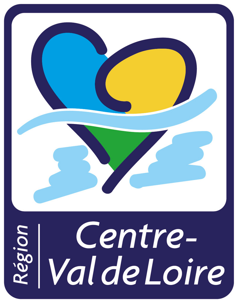 Die Grafik zeigt das Logo der Region Centre-Val de Loire oben mit dem stilisierten Fluss Loire vor einem großen Herzen und darunter dem Namen der Region.