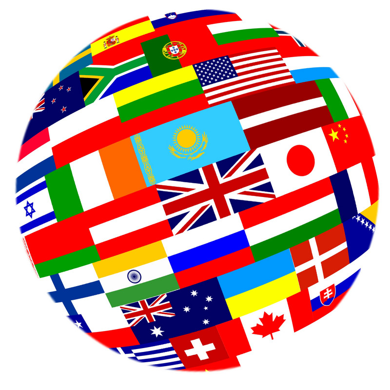Die Grafik zeigt Flaggen mehrerer Länder in Form eines großen Globus.