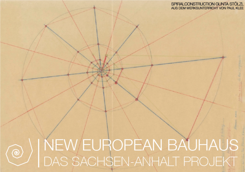 Die Grafik zeigt eine in bunten Strichen angedeutete Spirale auf beigem Hintergrund und einem unten stehenden weißen Schriftzug "New European Bauhaus - das Sachsen-Anhalt Projekt"
