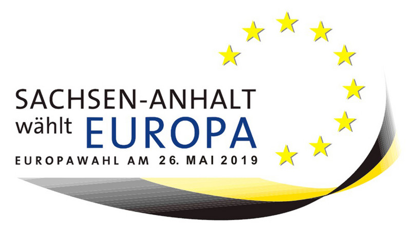 Die Grafik zeigt das Logo für die Europawahl 2019 in Sachsen-Anhalt, bestehend aus einer aus den EU-Sternen hervorgehenende gelb-schwarzen Sachsen-Anhalt-Flagge und dem entsprechenden Schriftzug.