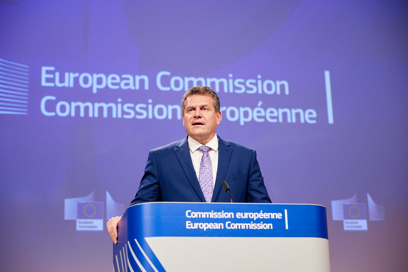 Maroš Šefčovič, Vizepräsident der Europäischen Kommission stellt bei einer Pressekonferenz das Arbeitsprogramm der Kommission für 2021 vor.