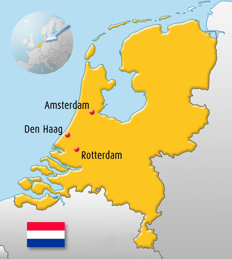 Die Grafik zeigt eine Karte der Niederlande mit den Städten Amsterdam, Den Haag und Rotterdam sowie die niederländische Flagge.