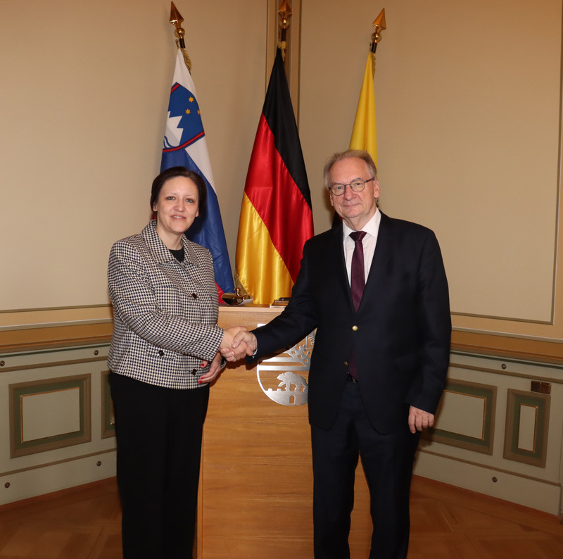 Die Botschafterin steht links und gibt dem Ministerpräsdienten die Hand. Im Hintergrund stehen ein Pult und drei Flaggen.