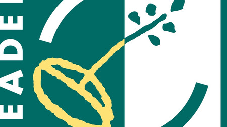 Das offizielle LEADER-Logo. Weiße, senkrechte Schrift auf grünem Grund. Daneben ein stilisiertes Weizenkorn aus dem ein Sproß treibt. 